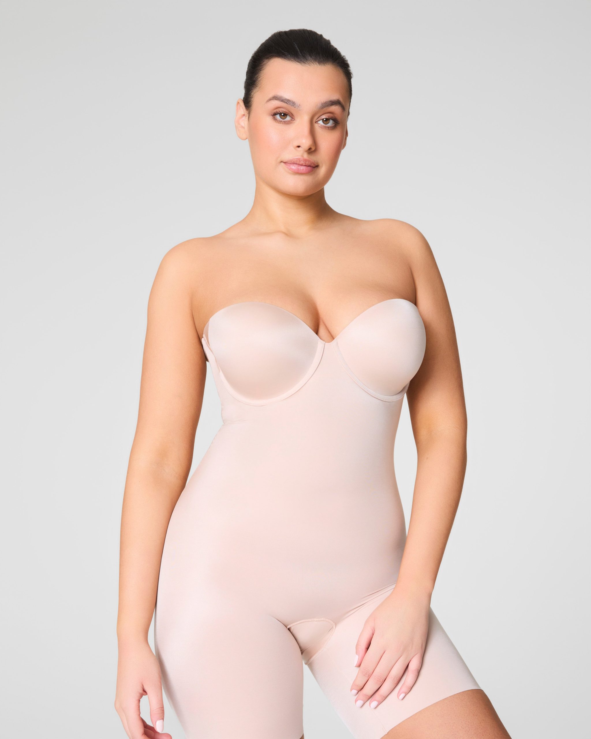 SPANXshape? Suit Your Fancy Strapless Cupped Mid-Thigh Bodysuit | Champagne Beige