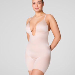 SPANXshape?  Suit Your Fancy Plunge Low-Back Mid-Thigh Bodysuit | Champagne Beige