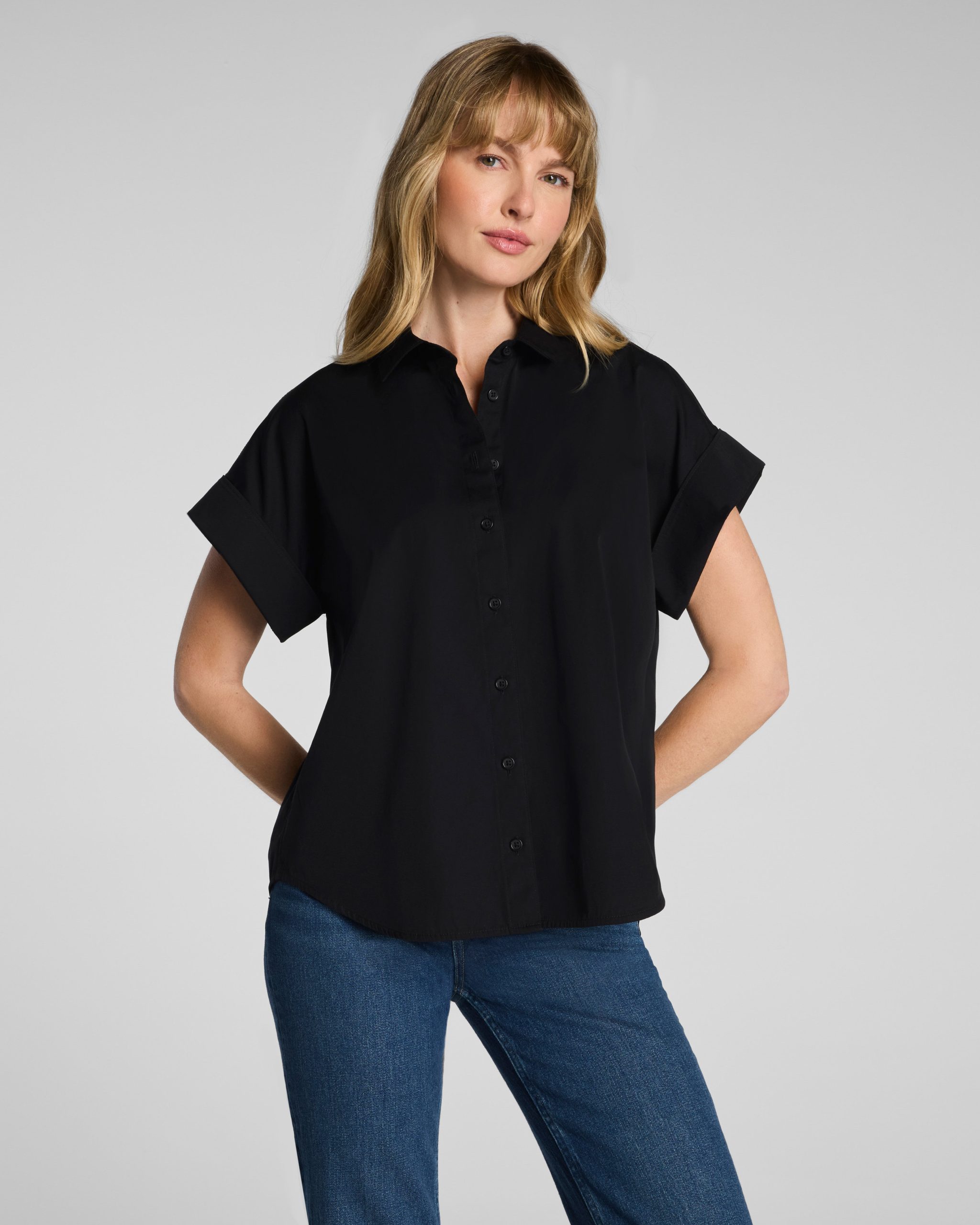 SPANX? Poplin Oversized Short Sleeve Button Down | Classic Black