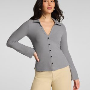 SPANX? Ribbed Knit Button Down | Dove Grey