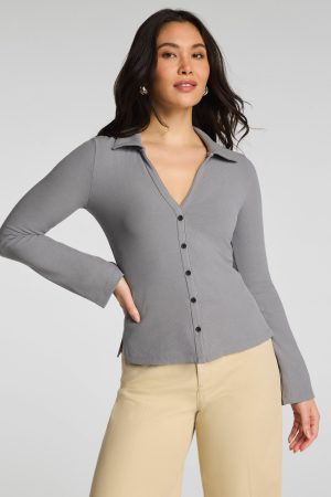 SPANX? Ribbed Knit Button Down | Dove Grey