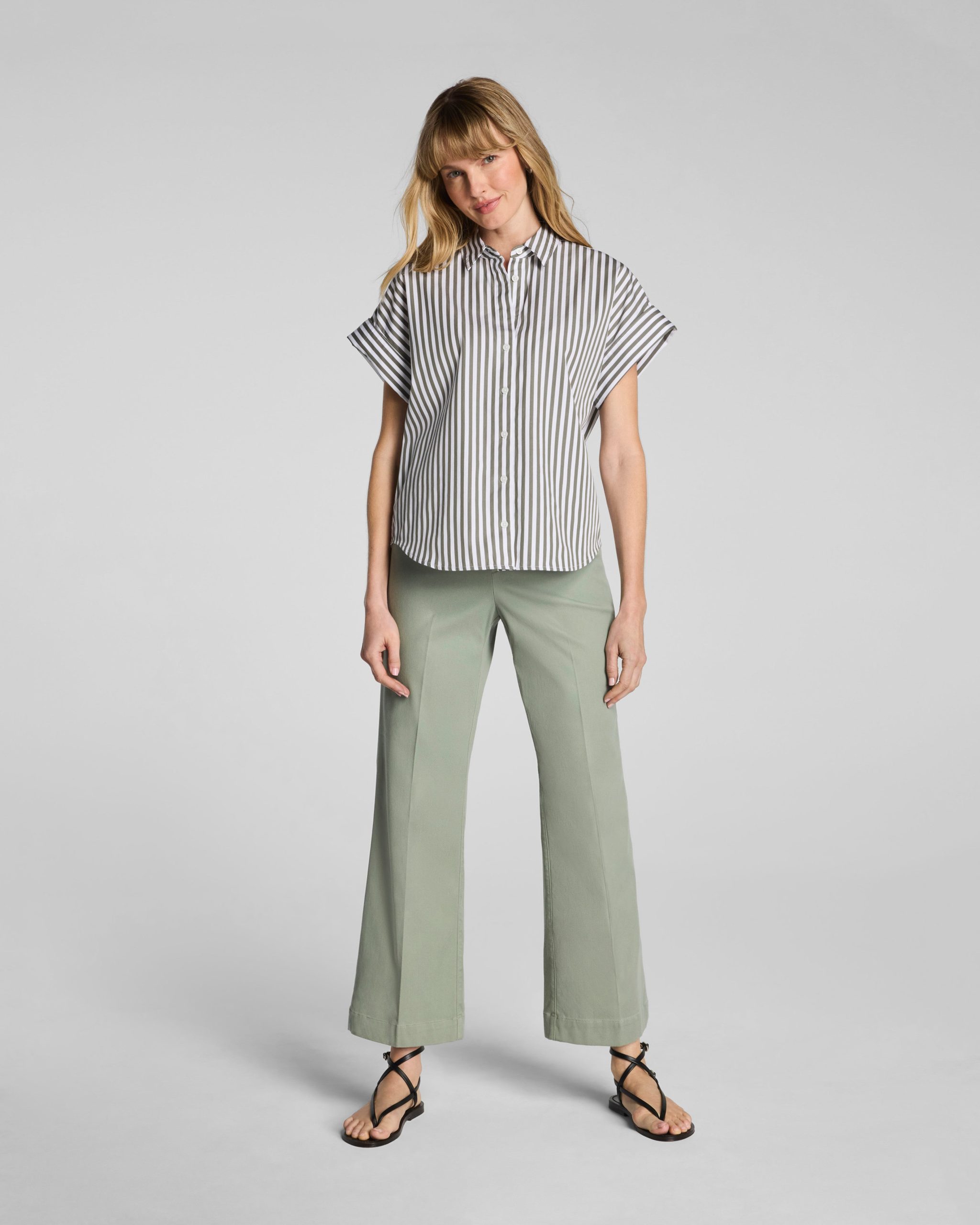 SPANX? Poplin Oversized Short Sleeve Button Down | Frosted Moss/Classic White Stripe - Image 3