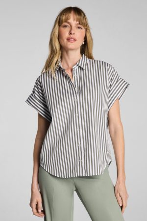 SPANX? Poplin Oversized Short Sleeve Button Down | Frosted Moss/Classic White Stripe
