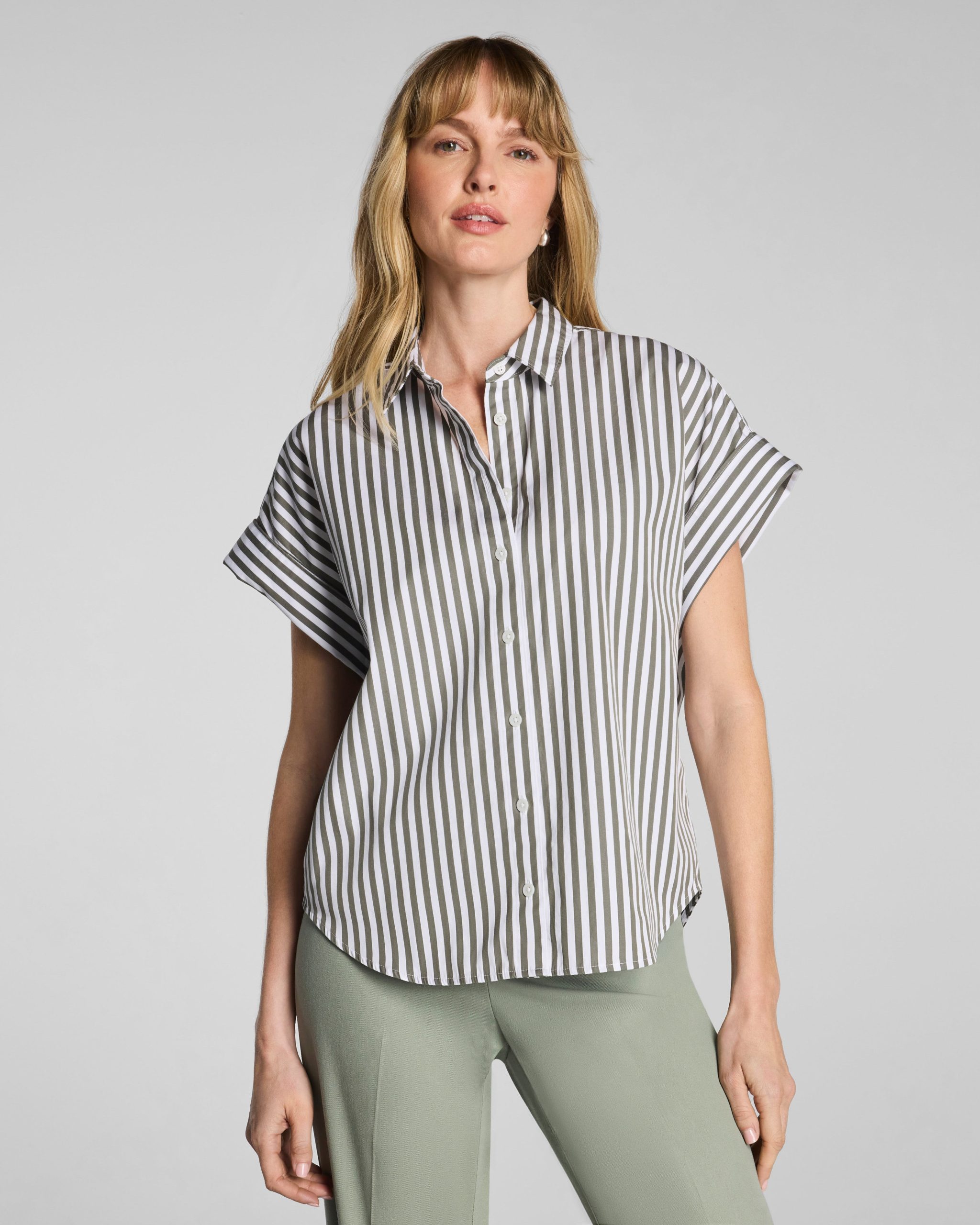 SPANX? Poplin Oversized Short Sleeve Button Down | Frosted Moss/Classic White Stripe