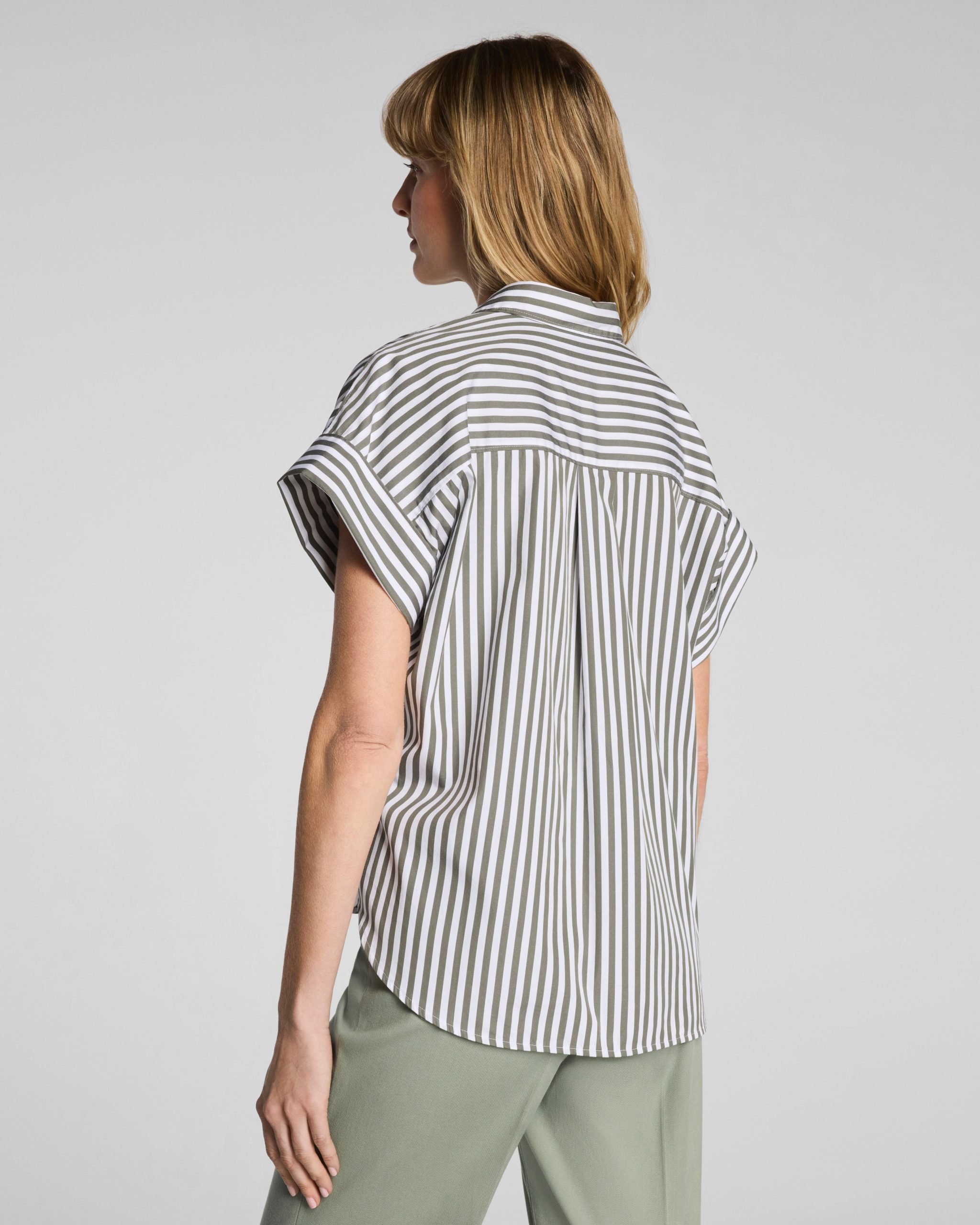 SPANX? Poplin Oversized Short Sleeve Button Down | Frosted Moss/Classic White Stripe - Image 2