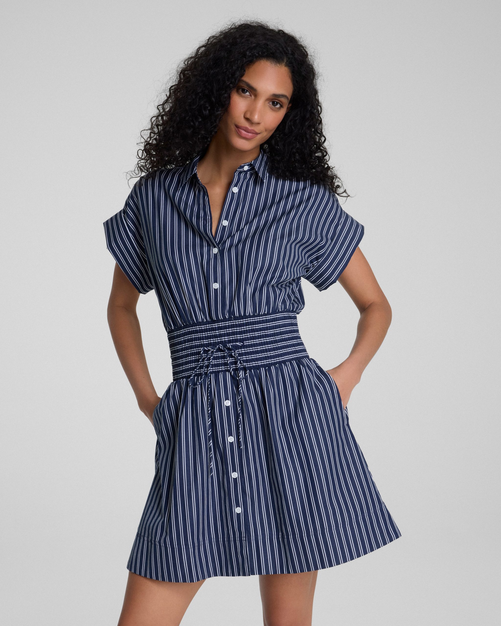 SPANX? Poplin Smocked Mini Shirt Dress | Timeless Navy/Classic White - Image 3