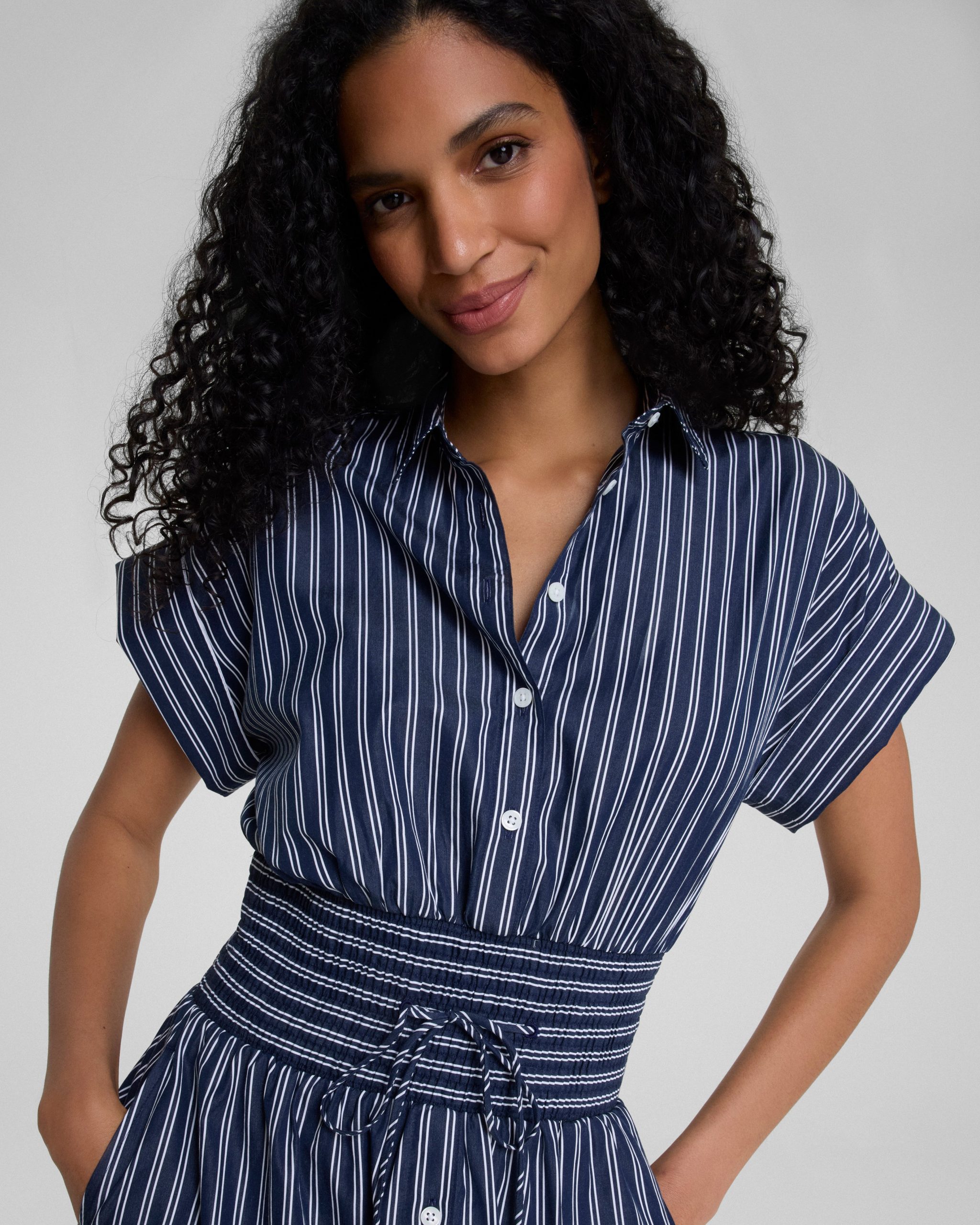 SPANX? Poplin Smocked Mini Shirt Dress | Timeless Navy/Classic White - Image 4