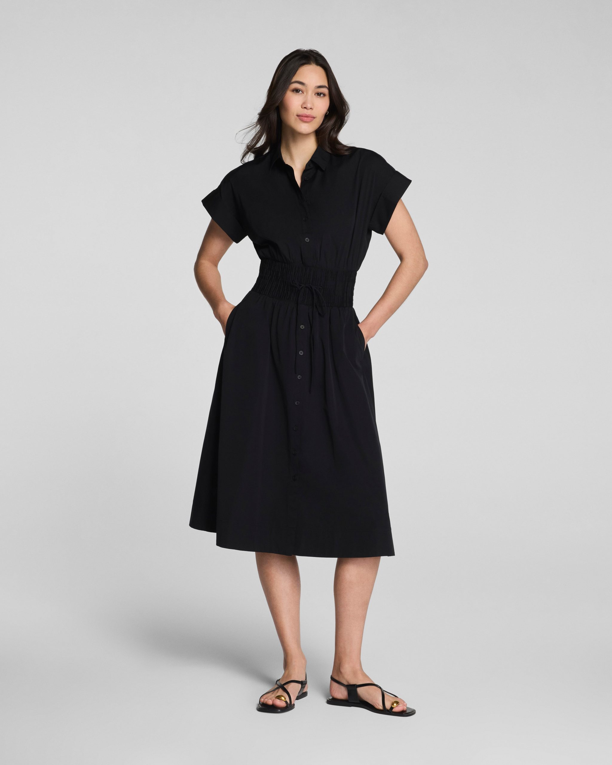 SPANX? Poplin Smocked Midi Shirt Dress | Classic Black