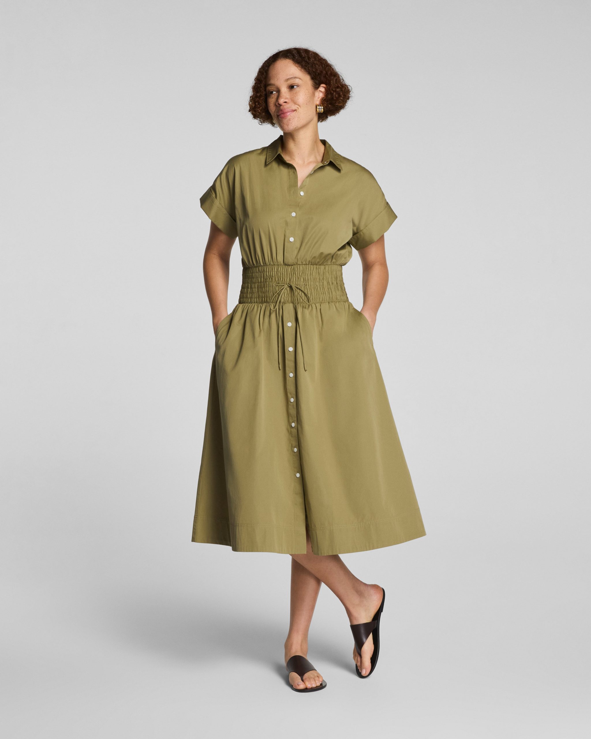 SPANX? Poplin Smocked Midi Shirt Dress | Olive Branch