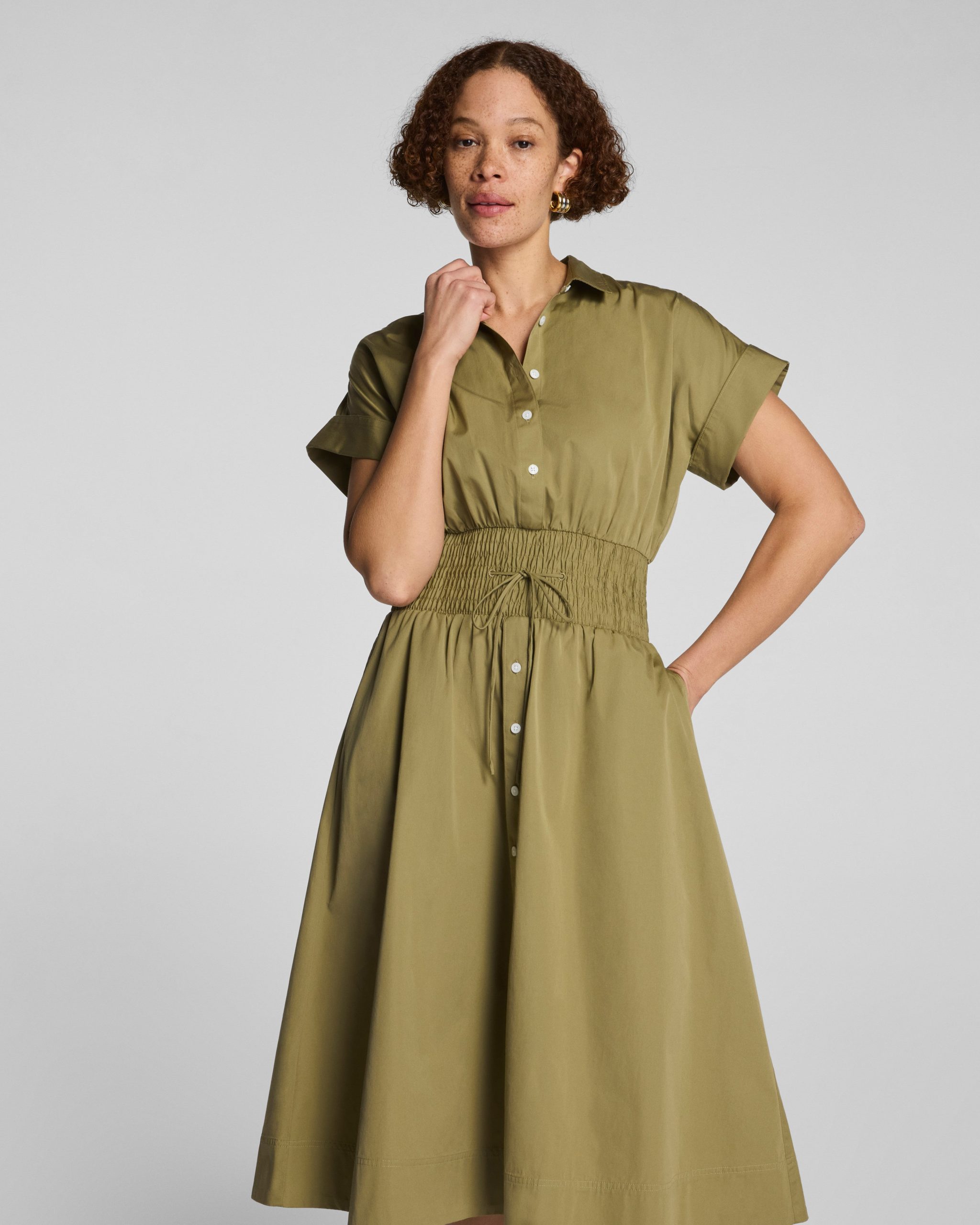 SPANX? Poplin Smocked Midi Shirt Dress | Olive Branch - Image 3