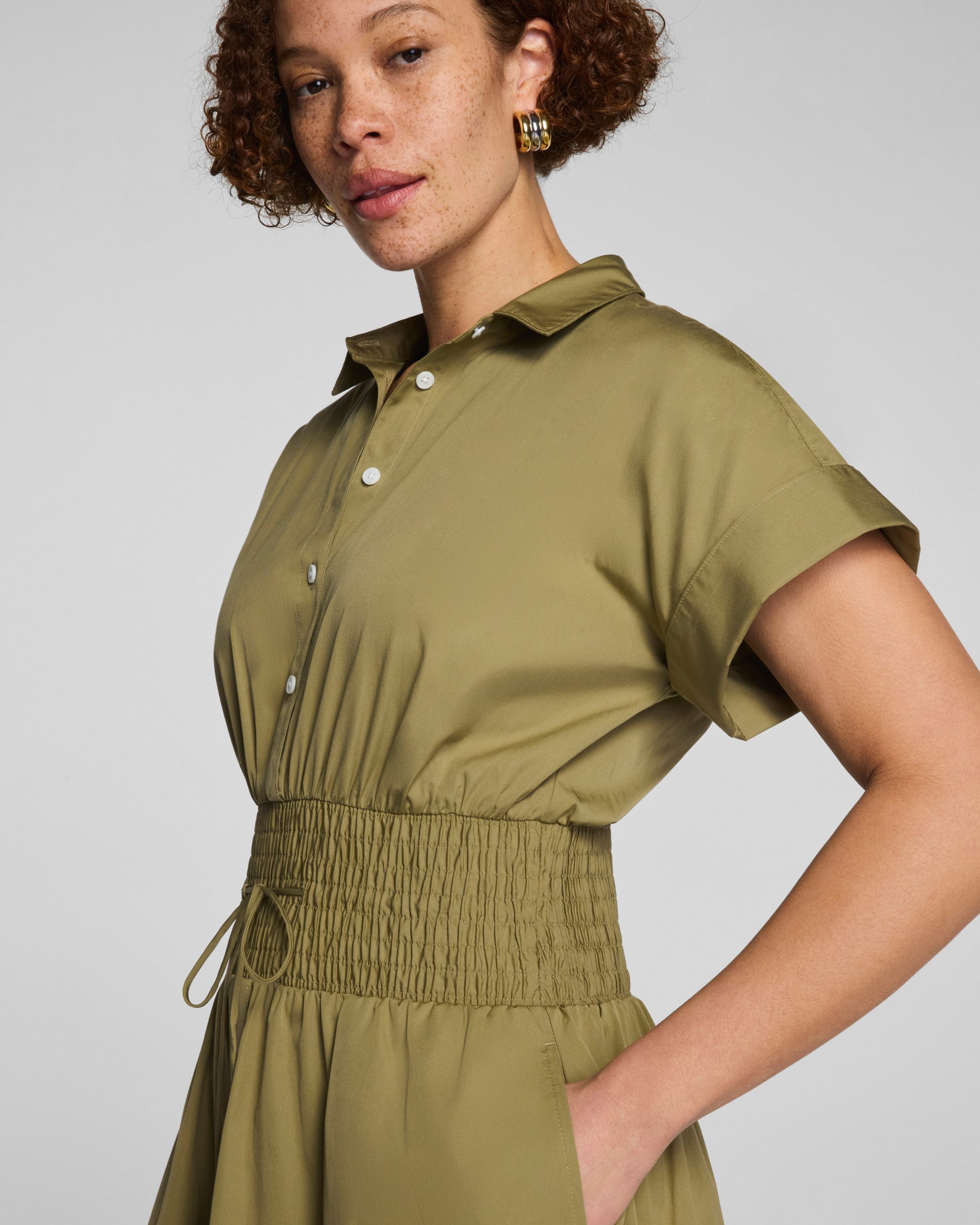 SPANX? Poplin Smocked Midi Shirt Dress | Olive Branch - Image 4