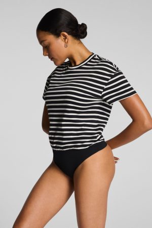 SPANX? Lightweight Cotton Short Sleeve Crewneck Bodysuit | Classic Black/Linen Stripe