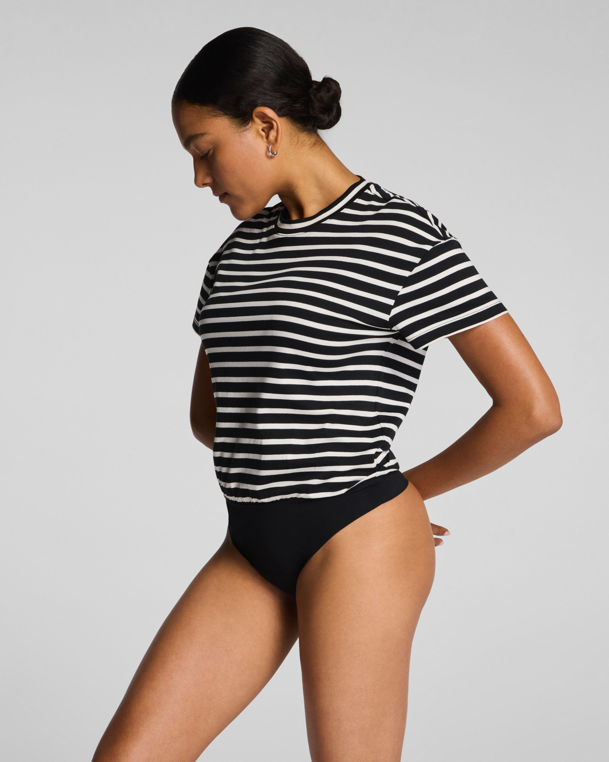 SPANX? Lightweight Cotton Short Sleeve Crewneck Bodysuit | Classic Black/Linen Stripe