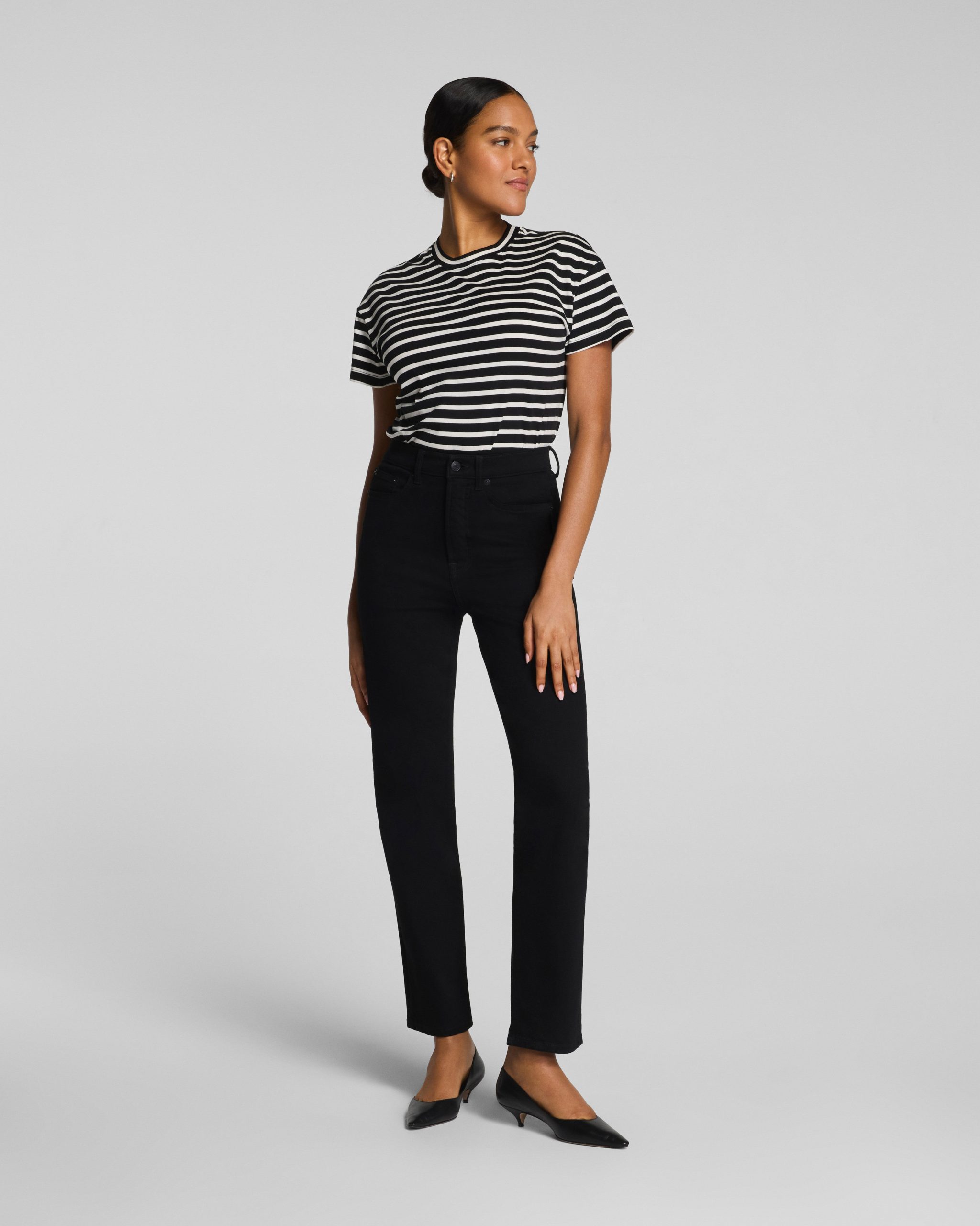 SPANX? Lightweight Cotton Short Sleeve Crewneck Bodysuit | Classic Black/Linen Stripe - Image 4