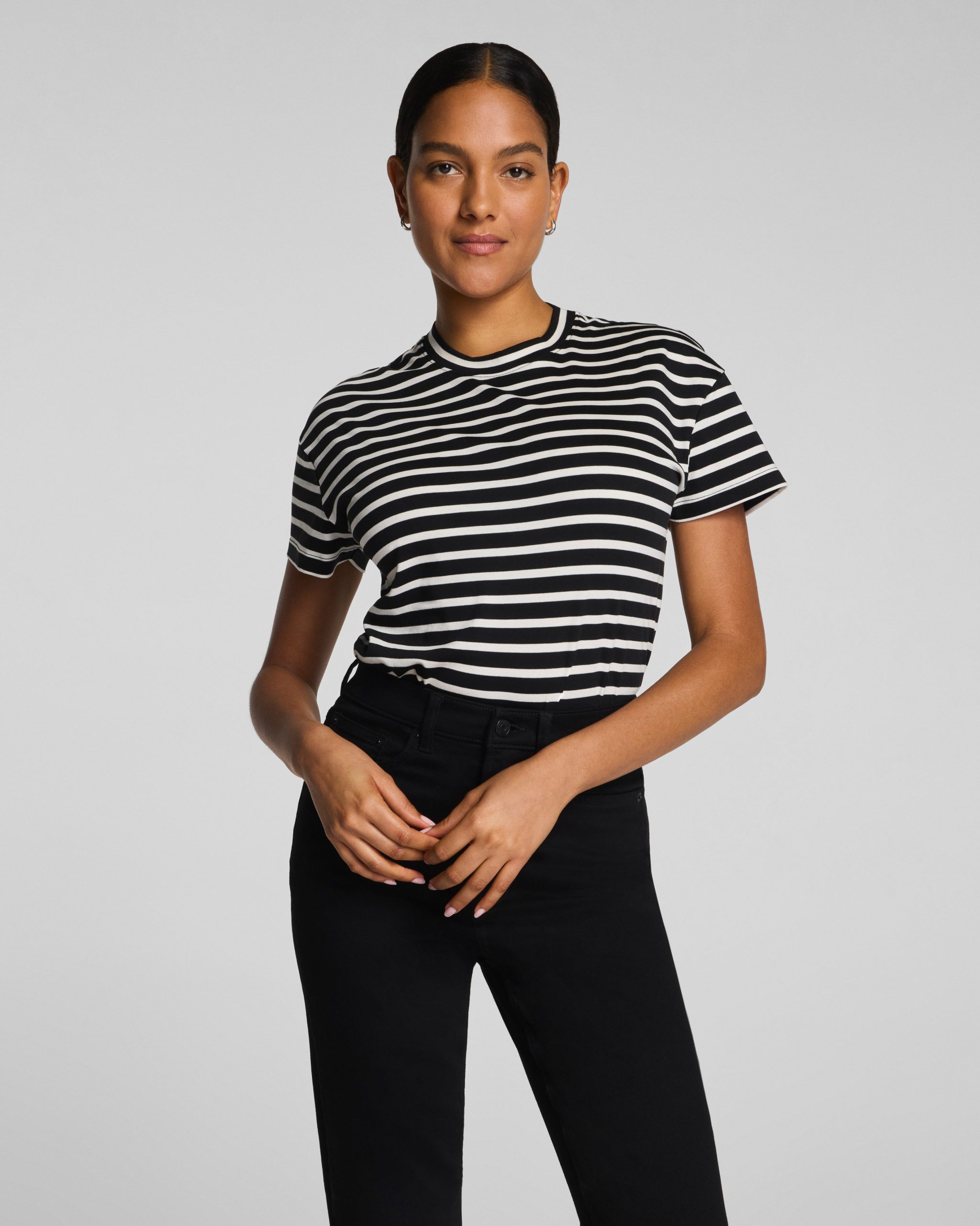 SPANX? Lightweight Cotton Short Sleeve Crewneck Bodysuit | Classic Black/Linen Stripe - Image 2