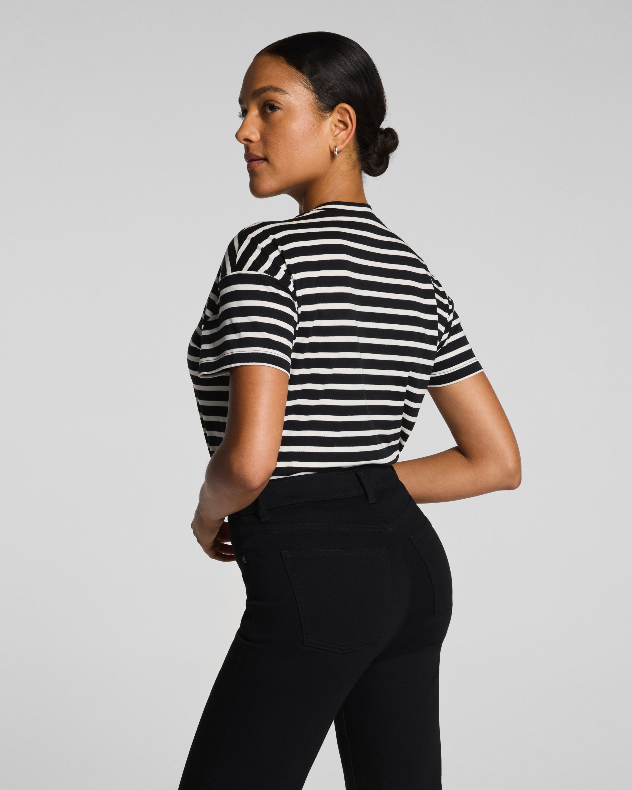 SPANX? Lightweight Cotton Short Sleeve Crewneck Bodysuit | Classic Black/Linen Stripe - Image 3