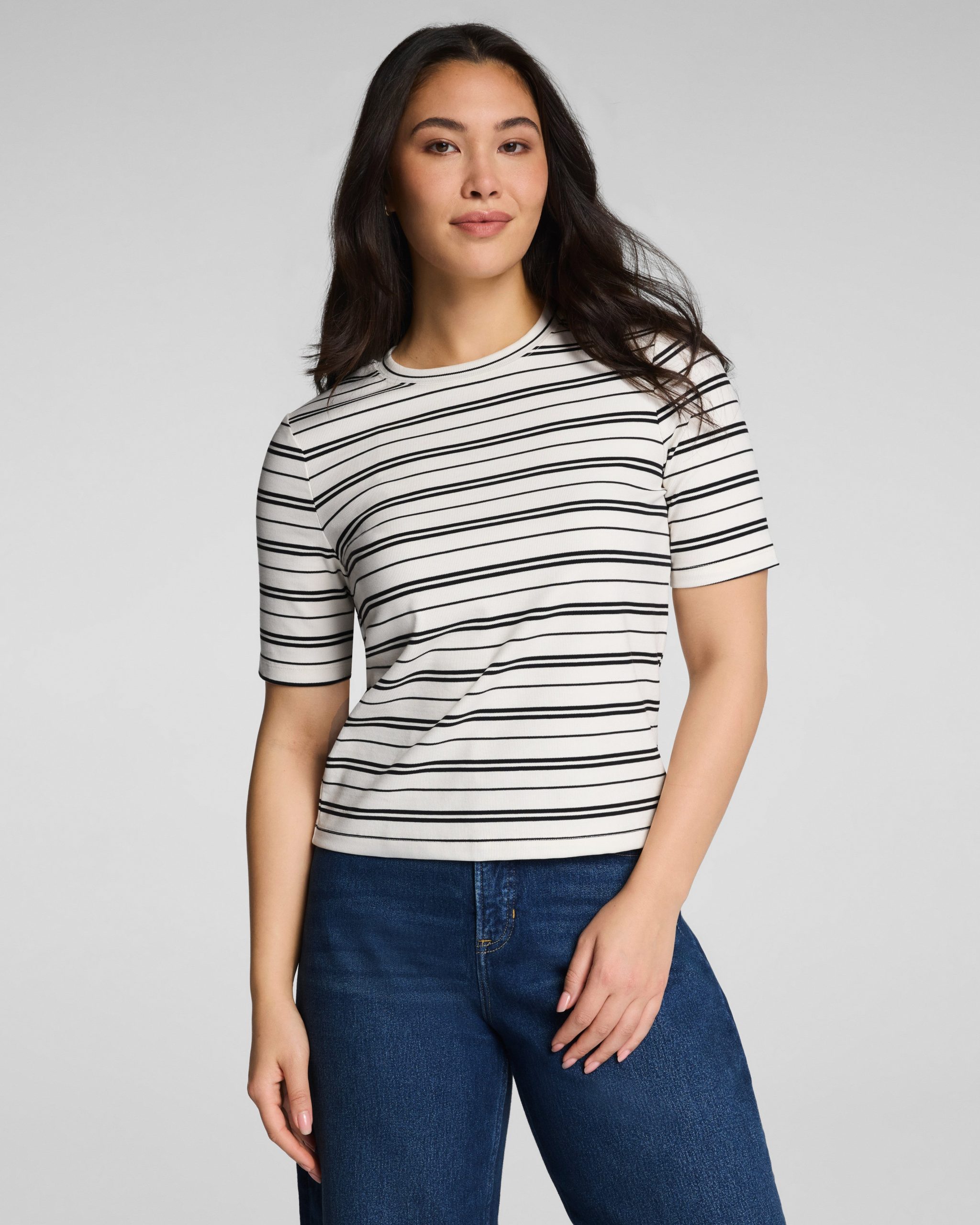 SPANX? Ribbed Knit Crewneck Tee | Linen/Classic Black Stripe