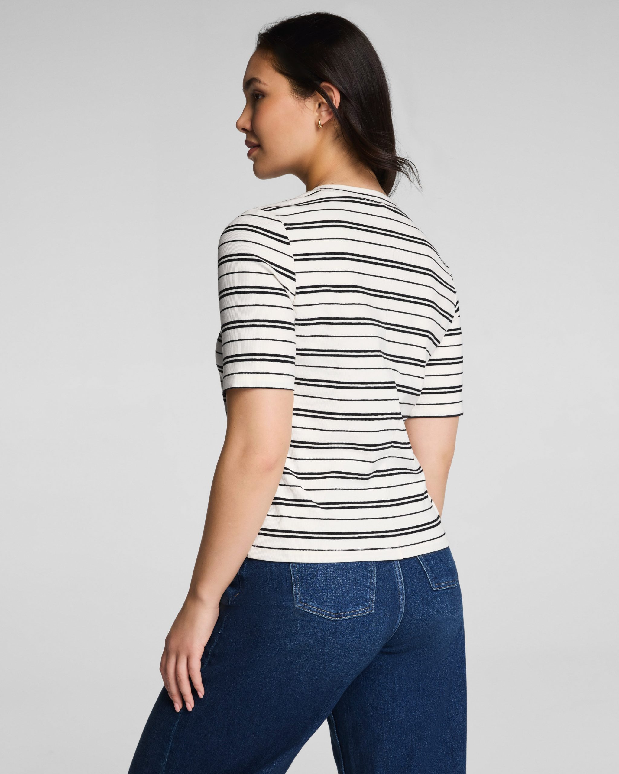 SPANX? Ribbed Knit Crewneck Tee | Linen/Classic Black Stripe - Image 2