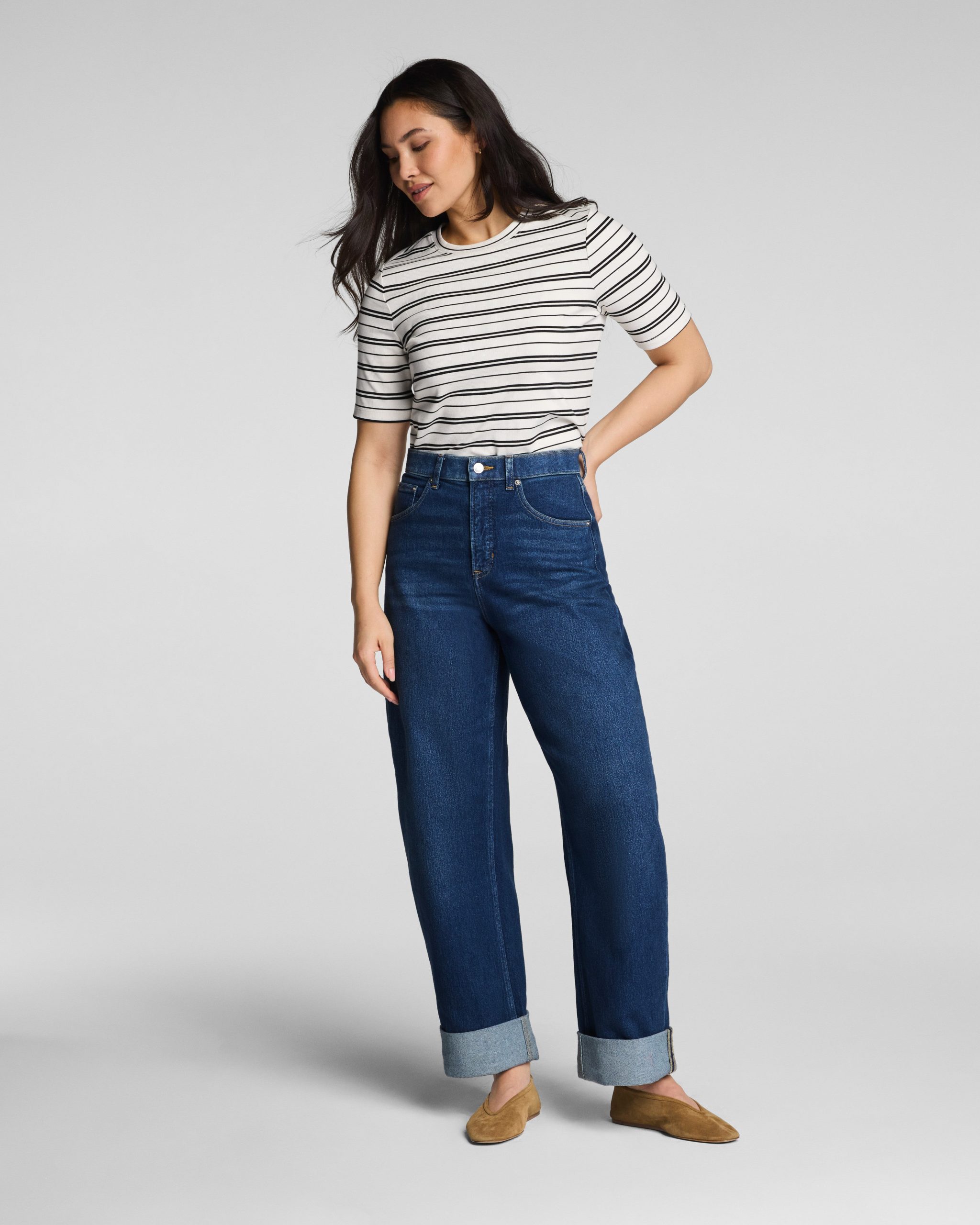 SPANX? Ribbed Knit Crewneck Tee | Linen/Classic Black Stripe - Image 4
