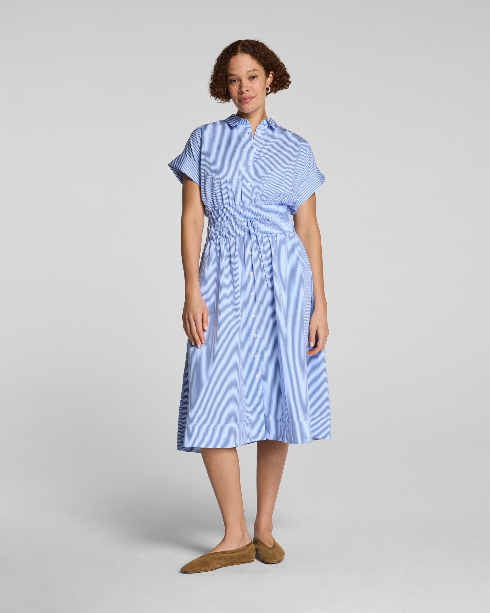 SPANX? Poplin Smocked Midi Shirt Dress | Aster/Classic White Stripe