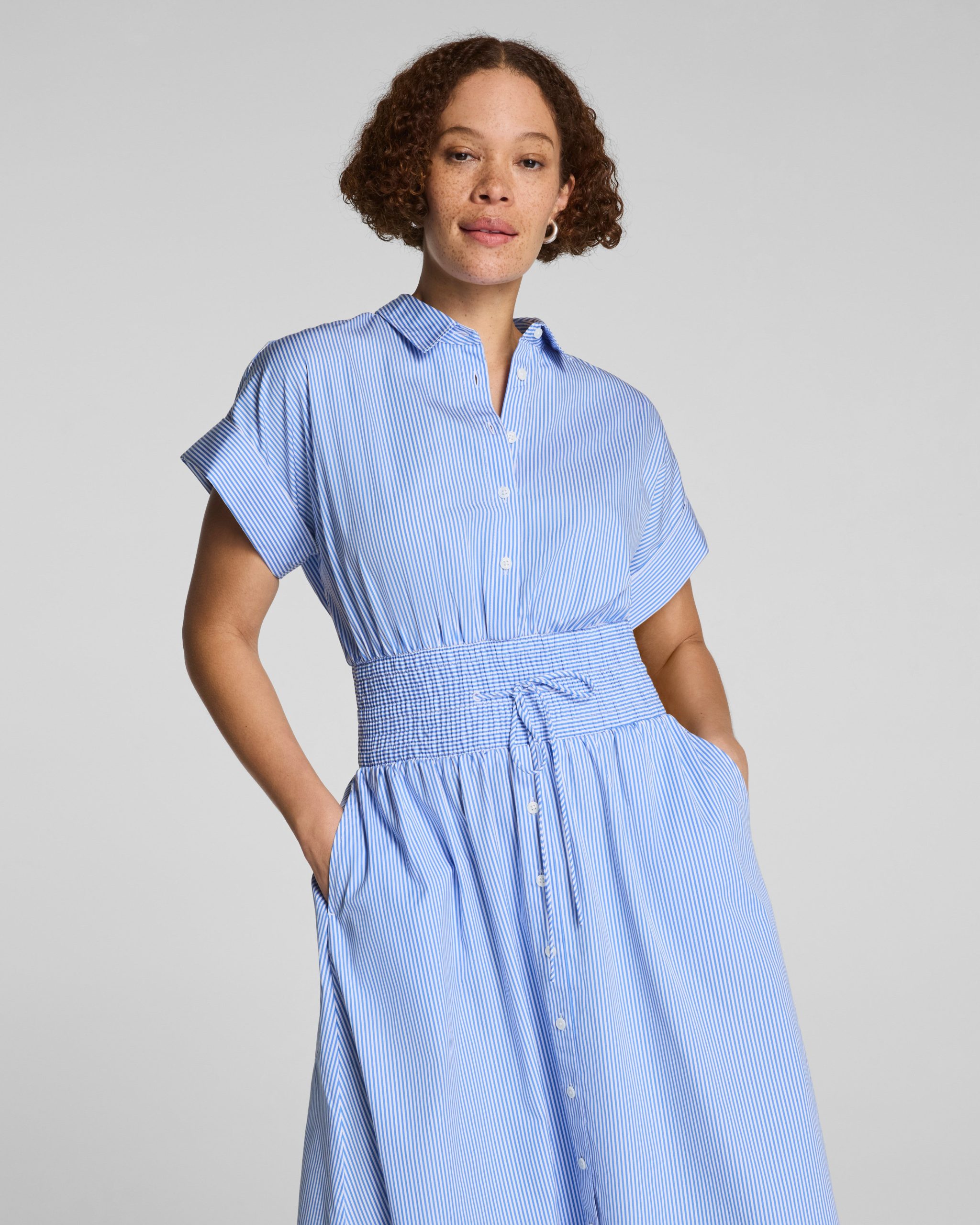 SPANX? Poplin Smocked Midi Shirt Dress | Aster/Classic White Stripe - Image 3