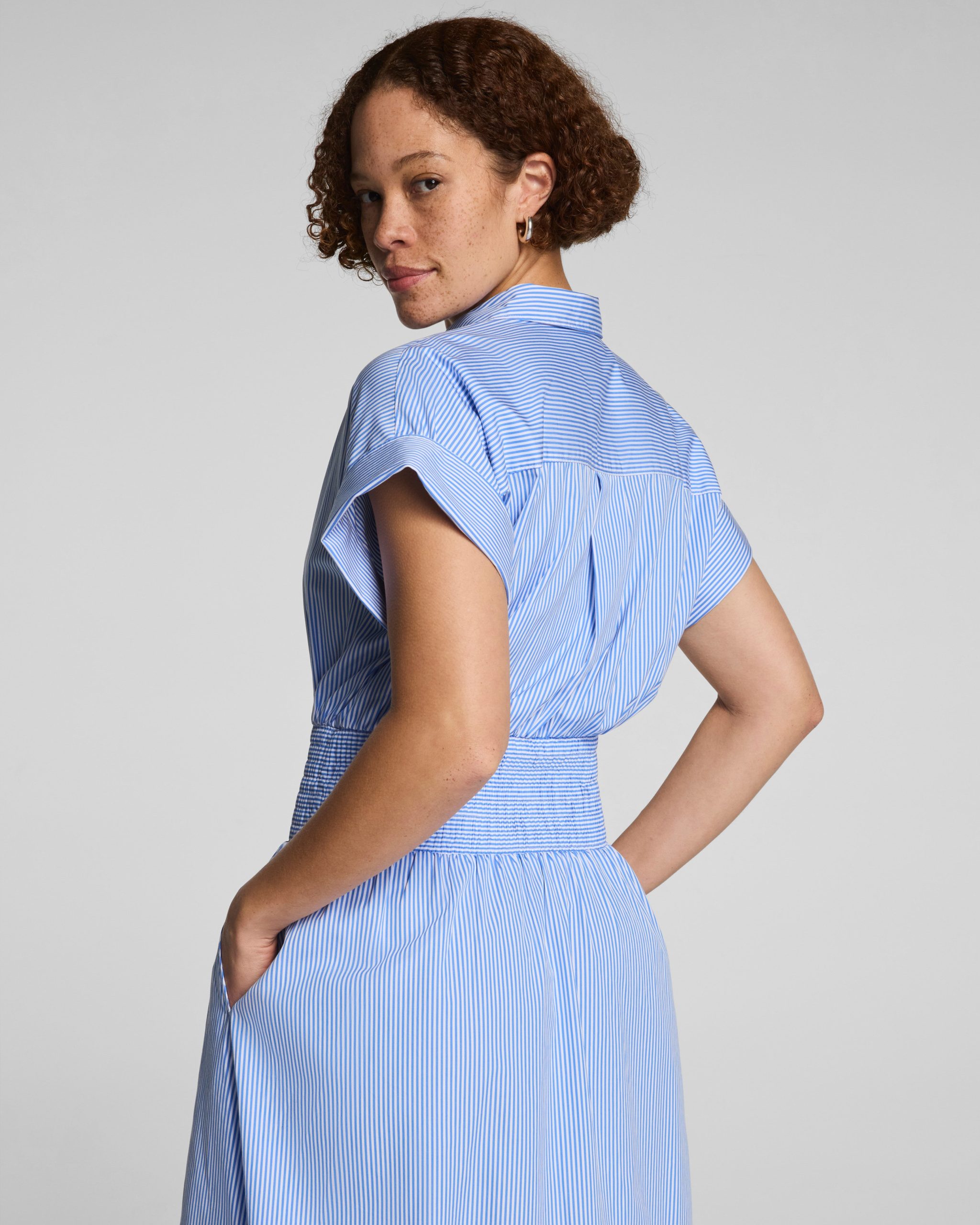 SPANX? Poplin Smocked Midi Shirt Dress | Aster/Classic White Stripe - Image 4