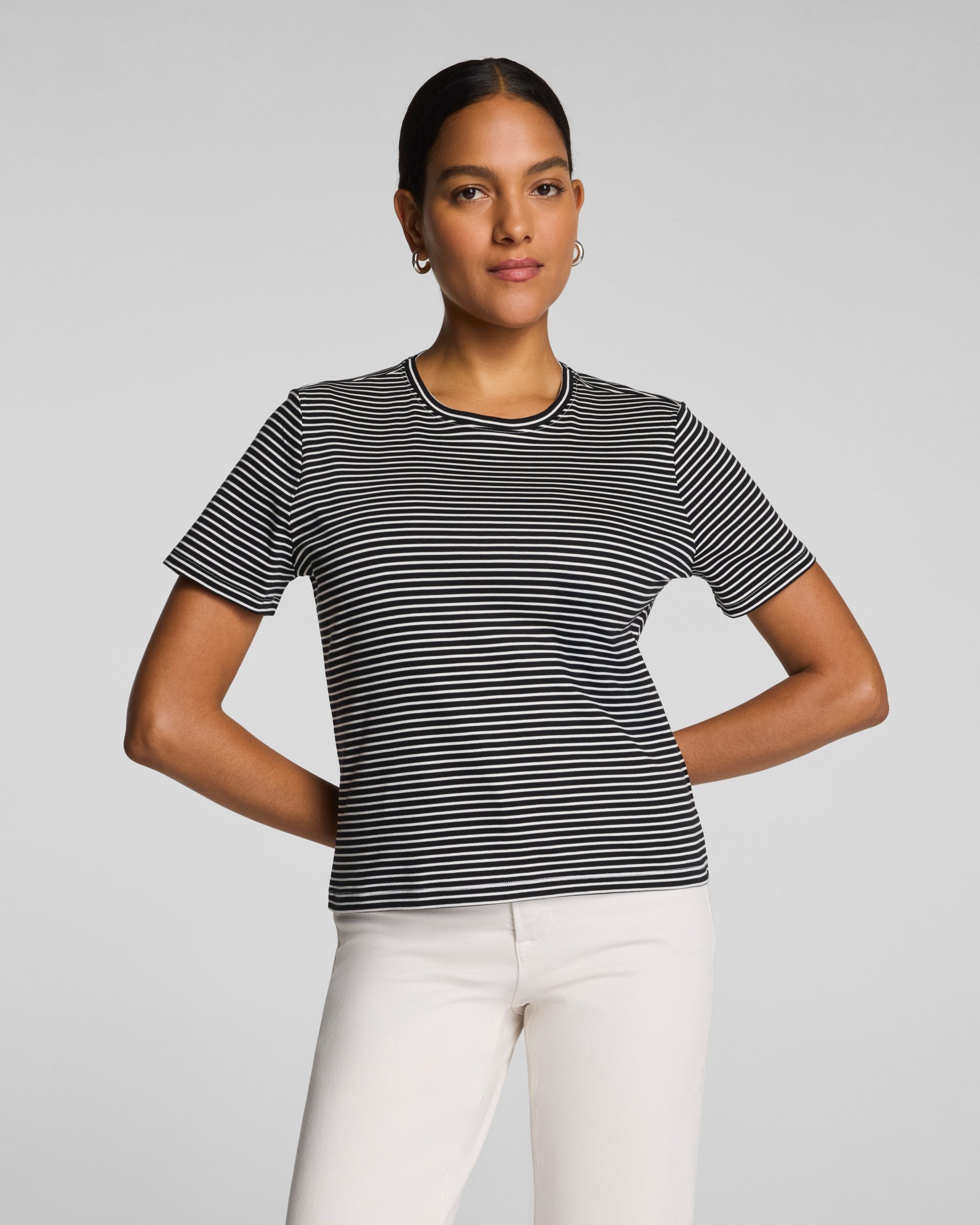 SPANX? Lightweight Cotton Crewneck Tee | Classic Black/Linen Stripe