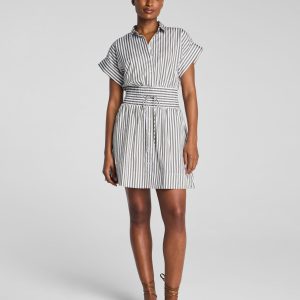 SPANX? Poplin Smocked Mini Shirt Dress | Frosted Moss/Classic White Stripe