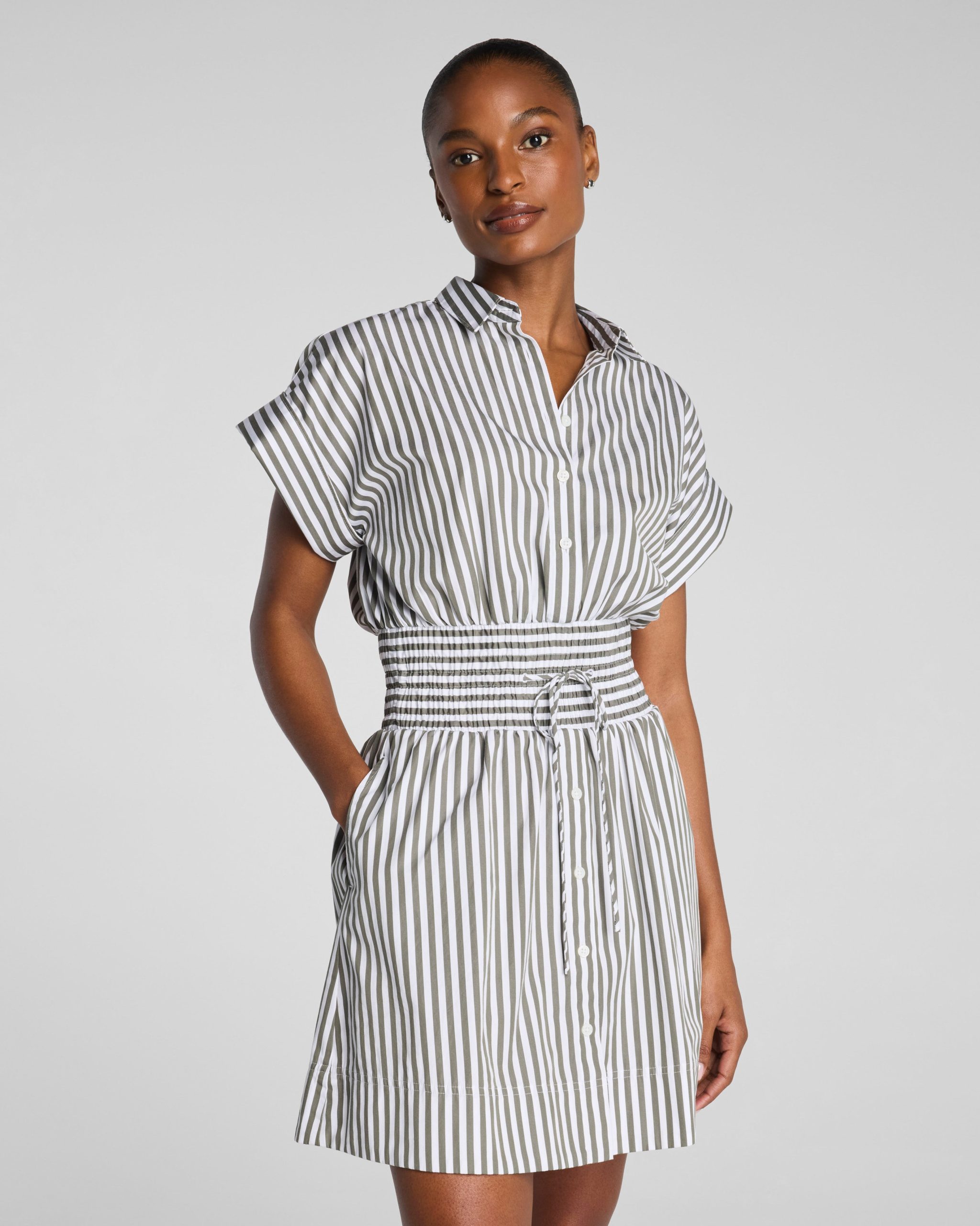 SPANX? Poplin Smocked Mini Shirt Dress | Frosted Moss/Classic White Stripe - Image 2