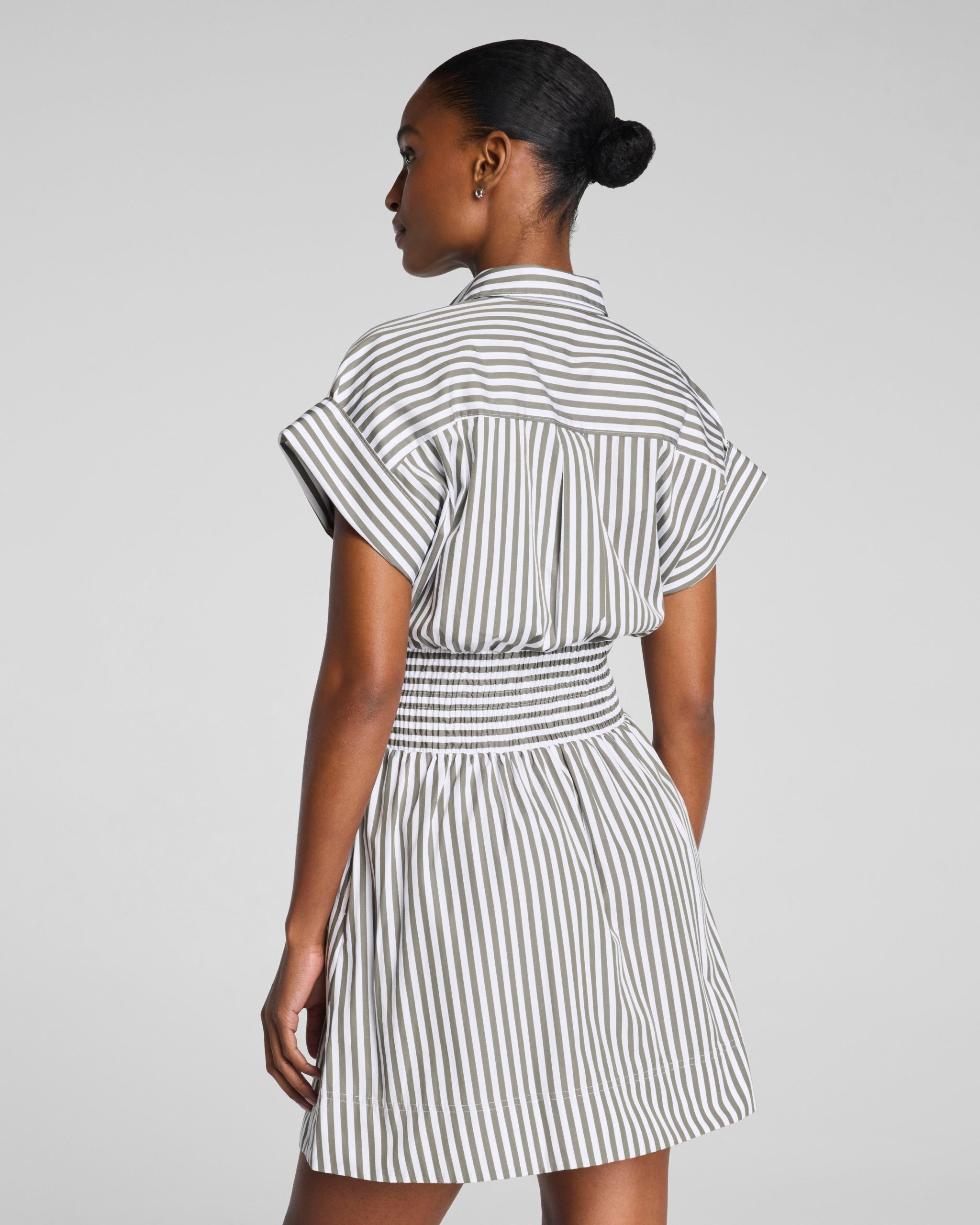 SPANX? Poplin Smocked Mini Shirt Dress | Frosted Moss/Classic White Stripe - Image 3