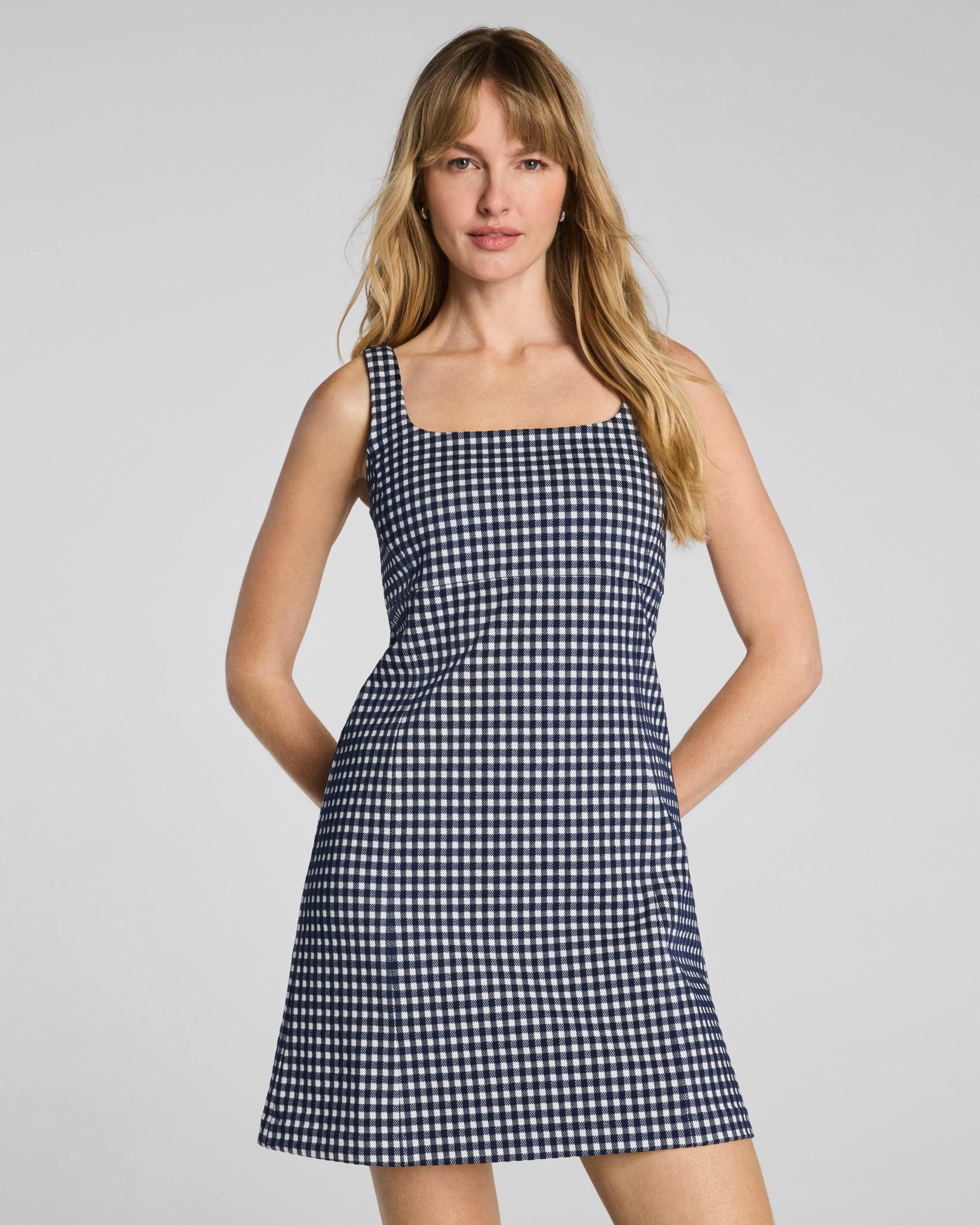 SPANX? Ponte Jacquard Square Neck Mini Dress | Timeless Navy Gingham - Image 2