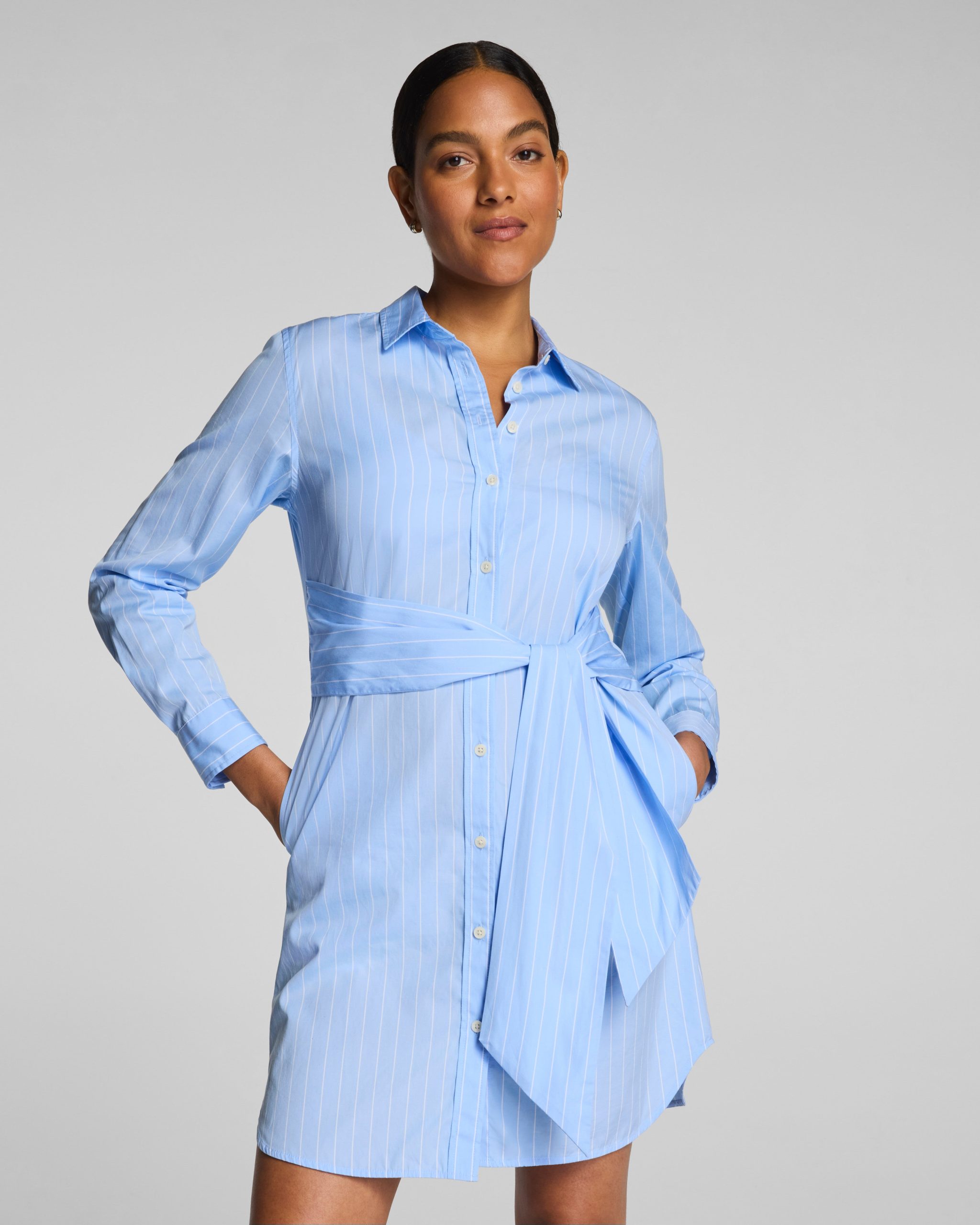 SPANX? Poplin Button-Down Mini Shirt Dress with Tie Belt | Peak/Classic White - Image 3