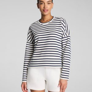 SPANX AirEssentials? Crewneck Long Sleeve Top | Powder/Timeless Navy Stripe