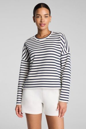 SPANX AirEssentials? Crewneck Long Sleeve Top | Powder/Timeless Navy Stripe