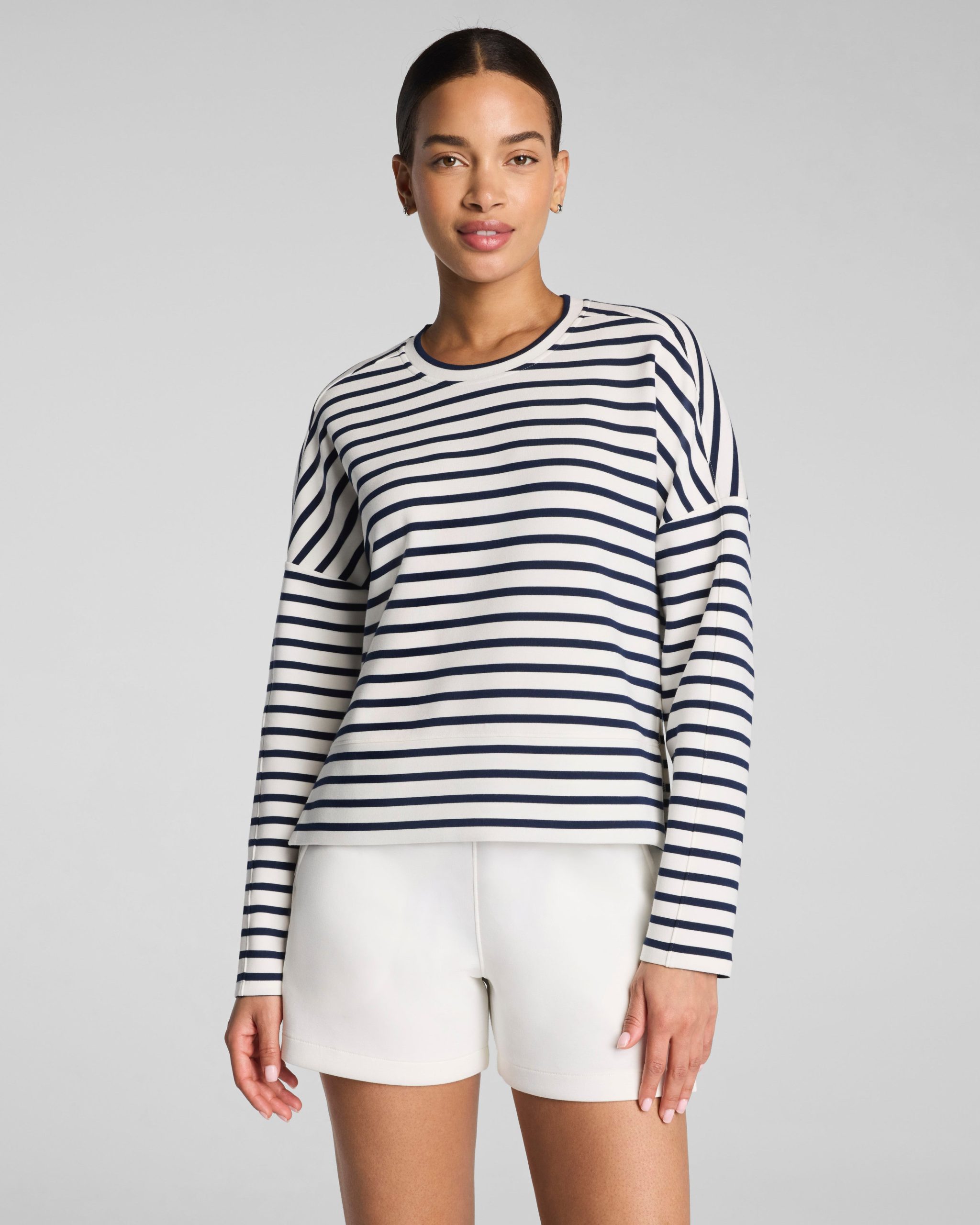 SPANX AirEssentials? Crewneck Long Sleeve Top | Powder/Timeless Navy Stripe
