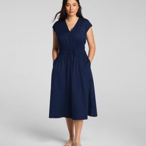 SPANX? Poplin V-Neck Smocked Midi Dress | Timeless Navy