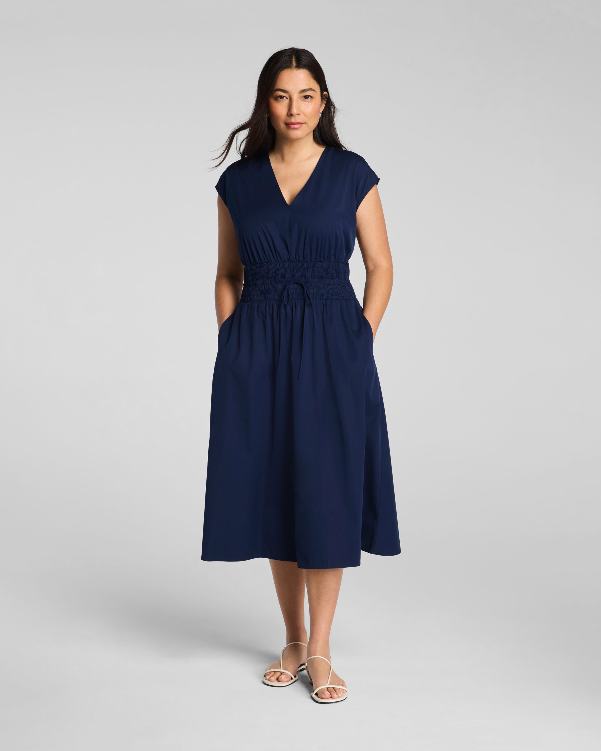 SPANX? Poplin V-Neck Smocked Midi Dress | Timeless Navy