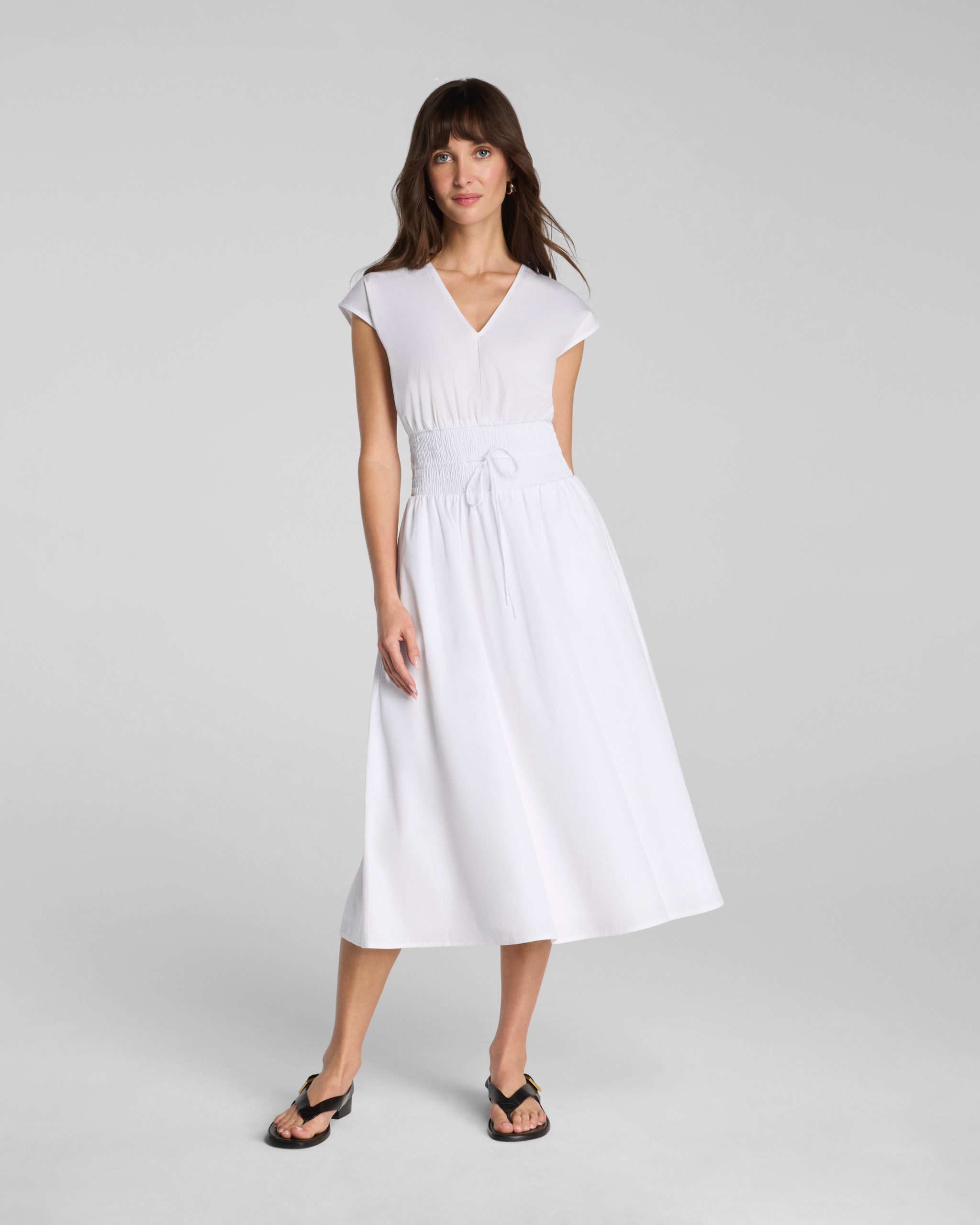SPANX? Poplin V-Neck Smocked Midi Dress | Classic White
