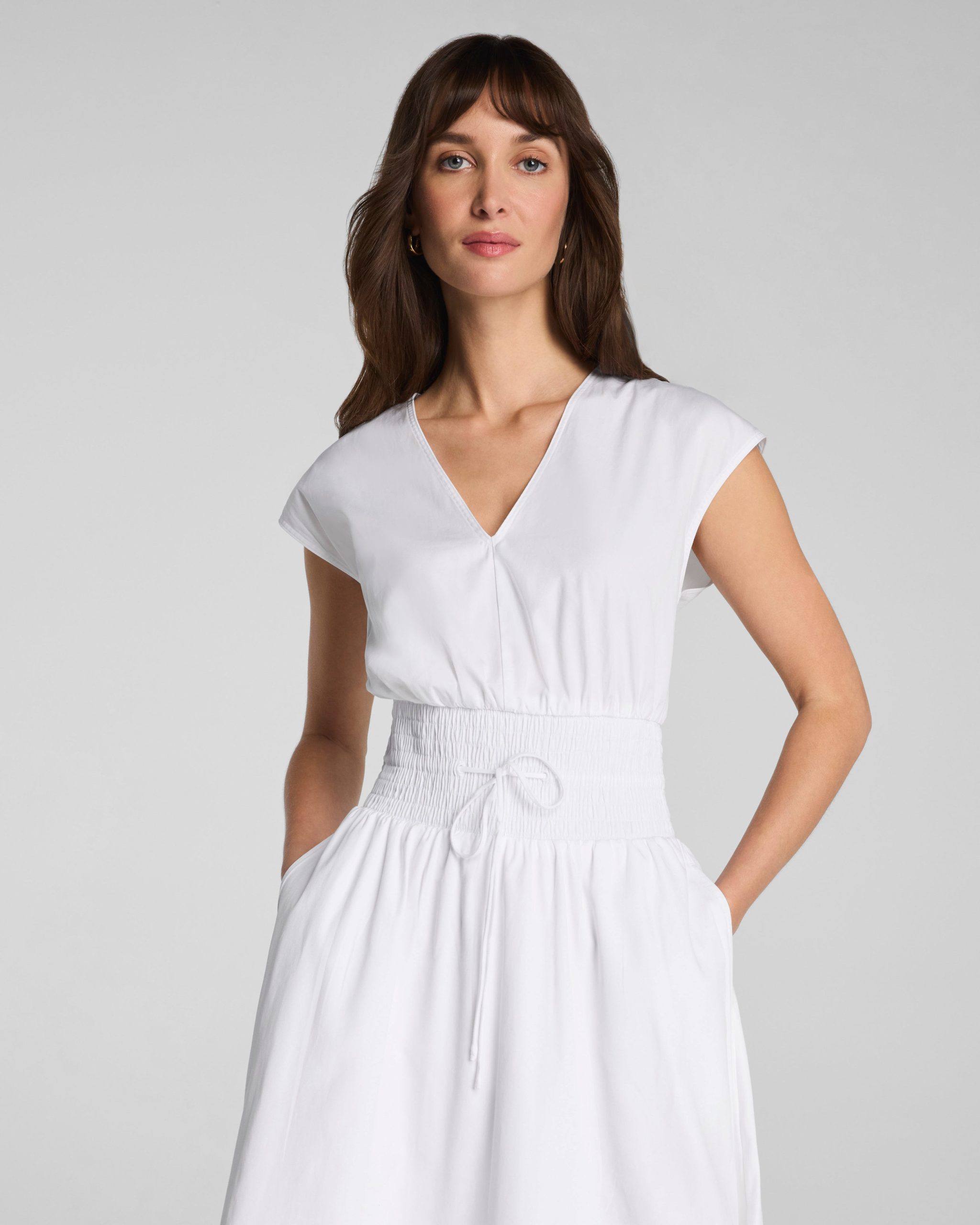 SPANX? Poplin V-Neck Smocked Midi Dress | Classic White - Image 3